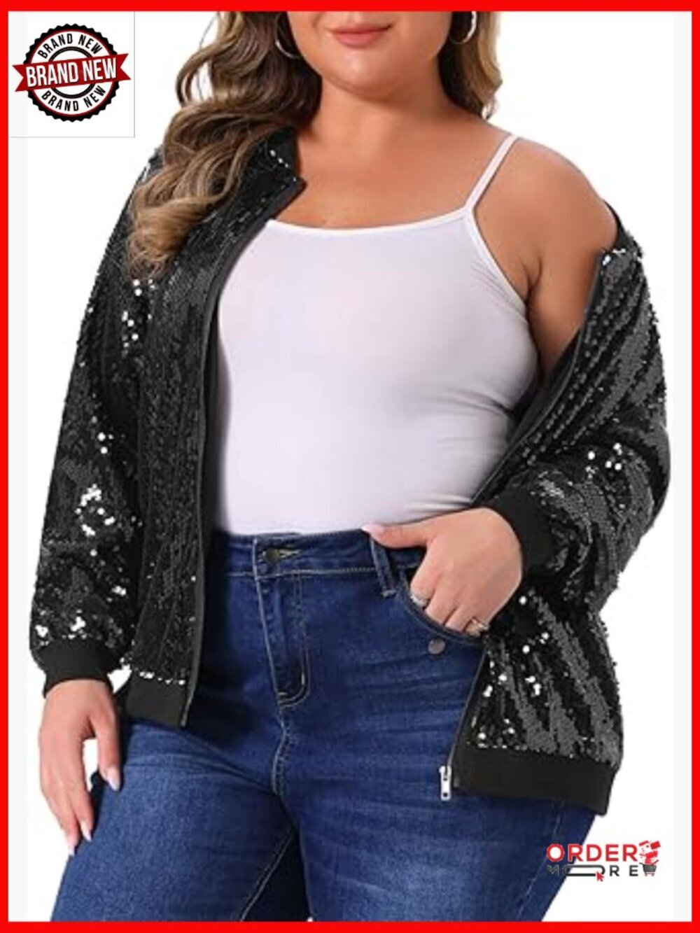 Plus Size Sequin Bomber Jacket Long Sleeve Zipper Casual Party Wear